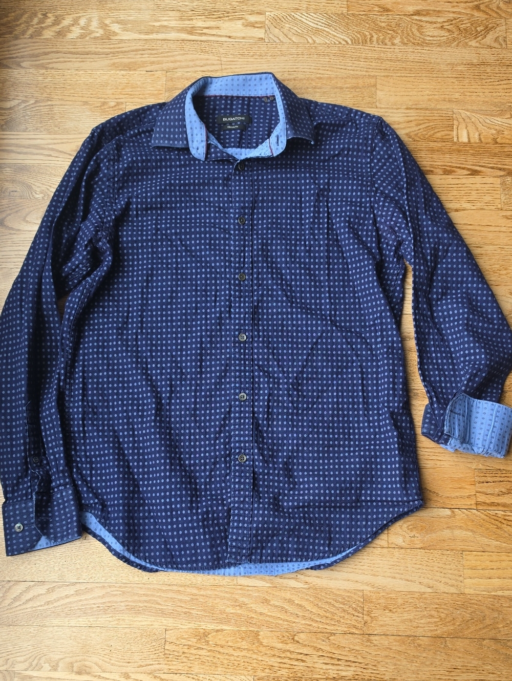 (M) Bugatchi Navy Blue Micro-Pattern Button-Down Shirt Classic Work Formal Lux